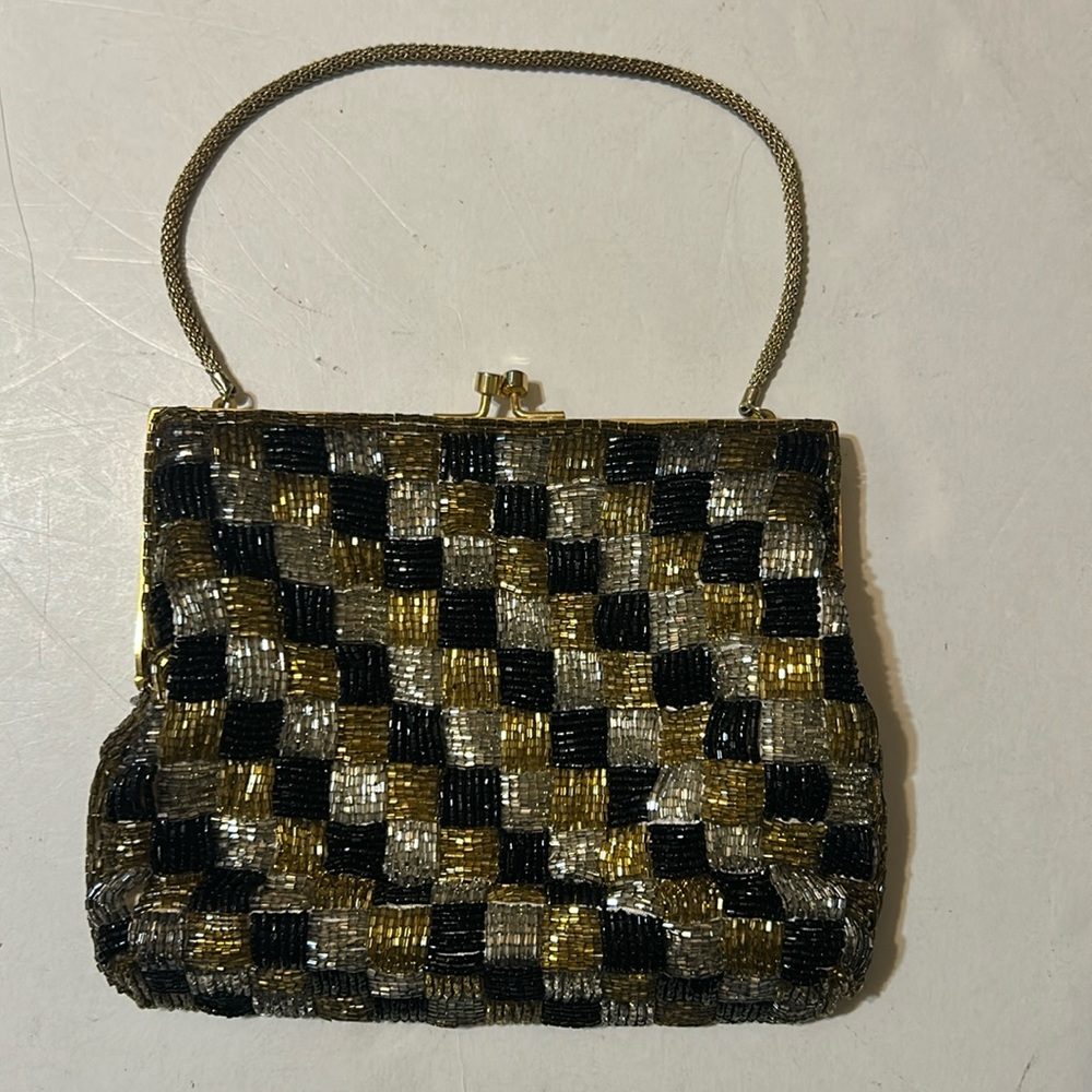 Vintage gold, silver & black Magid beaded purse